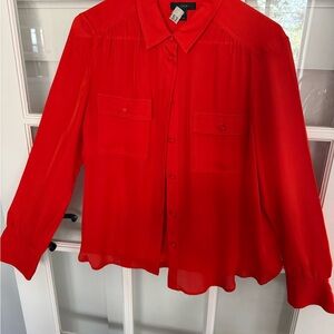 J Crew 100% Silk Red Button-Up Utility Blouse